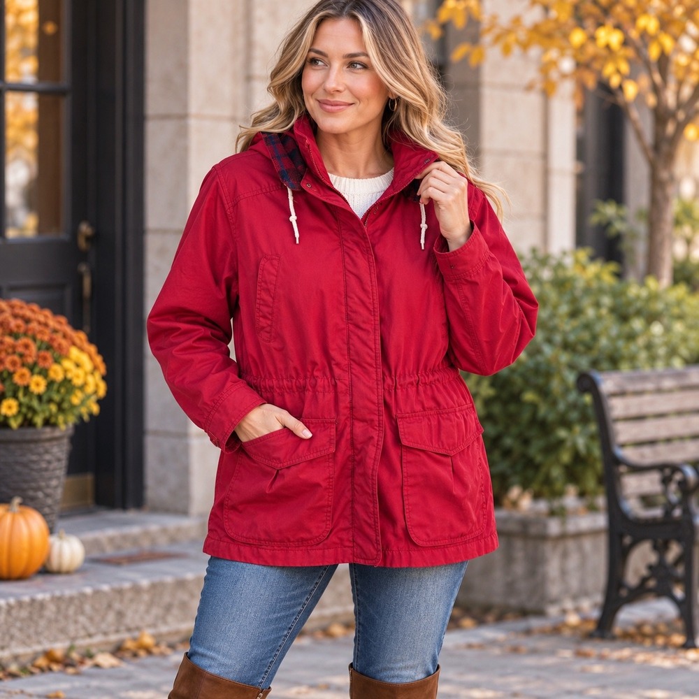 Pacific Trail Red Anorak Parka Jacket Plaid Lined Hooded Utility Coat M L81508